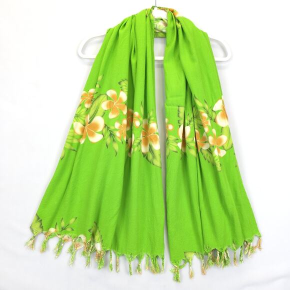 Hawaiian Scarf Wrap Sarong Pink Hibiscus Palm Tree Fringe Green Orange 60x43 - Picture 1 of 5